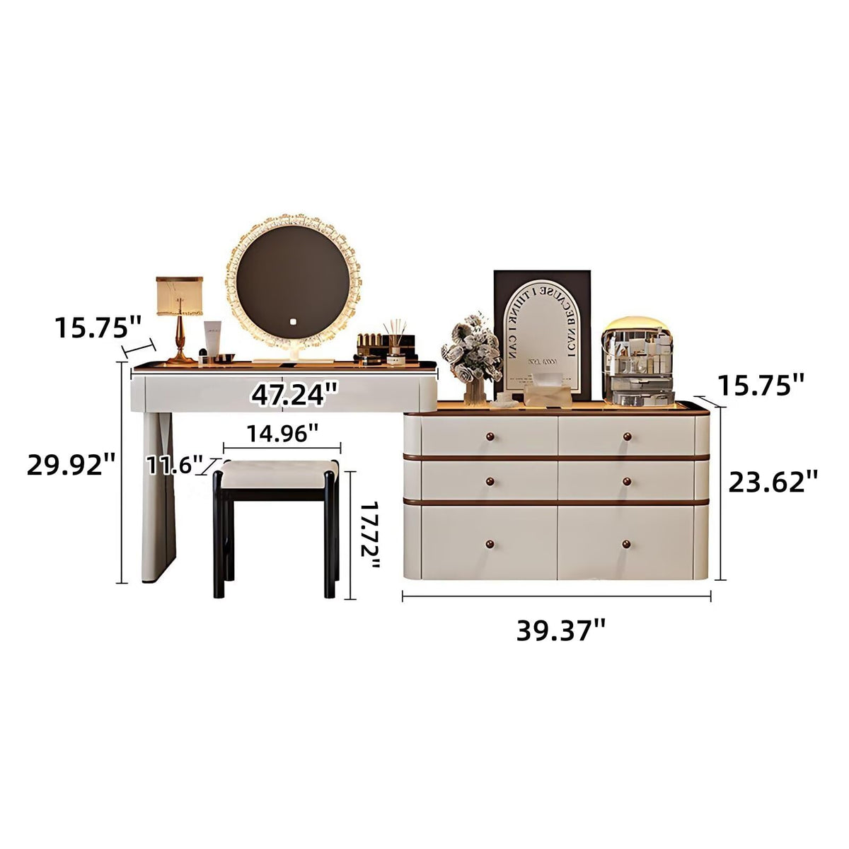 Leather Makeup Vanity with Tempered Glass Top & LED Light J577