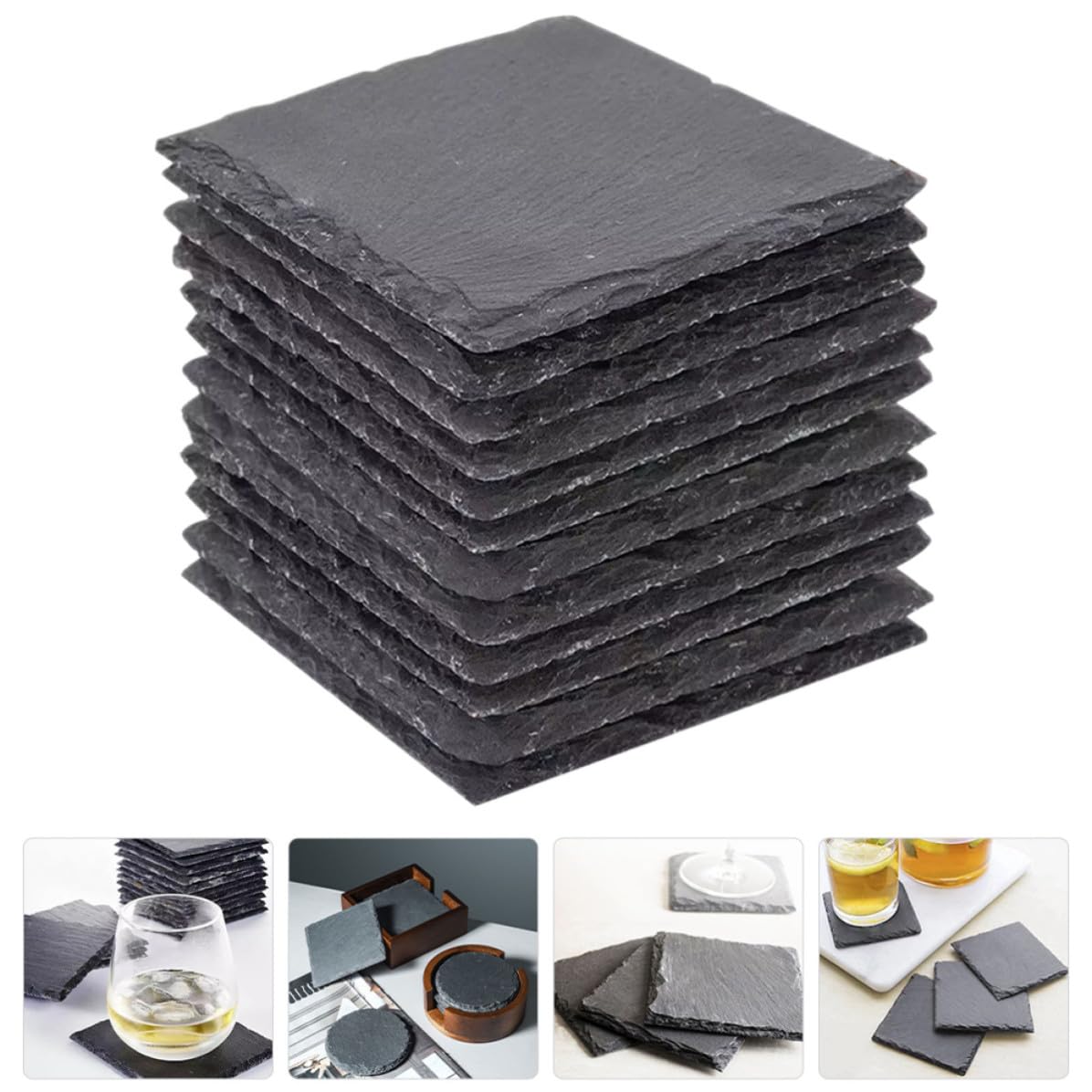 Black 12pcs Natural Stone Coaster Set G84336