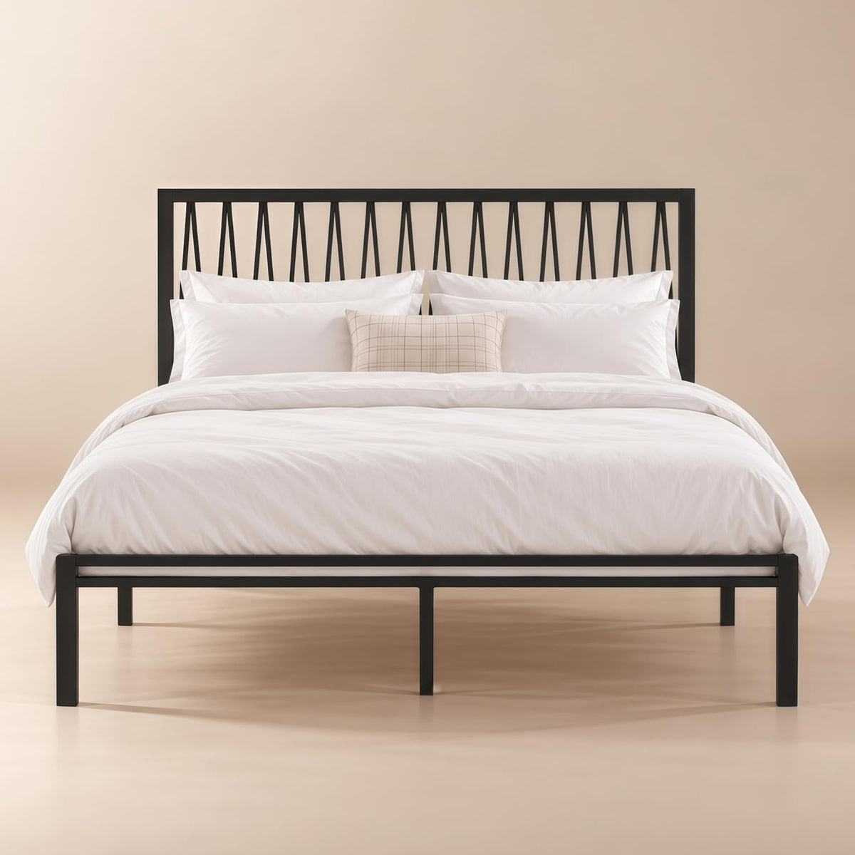 Black Metal Queen Bed Frame with Geometric Headboard Q760