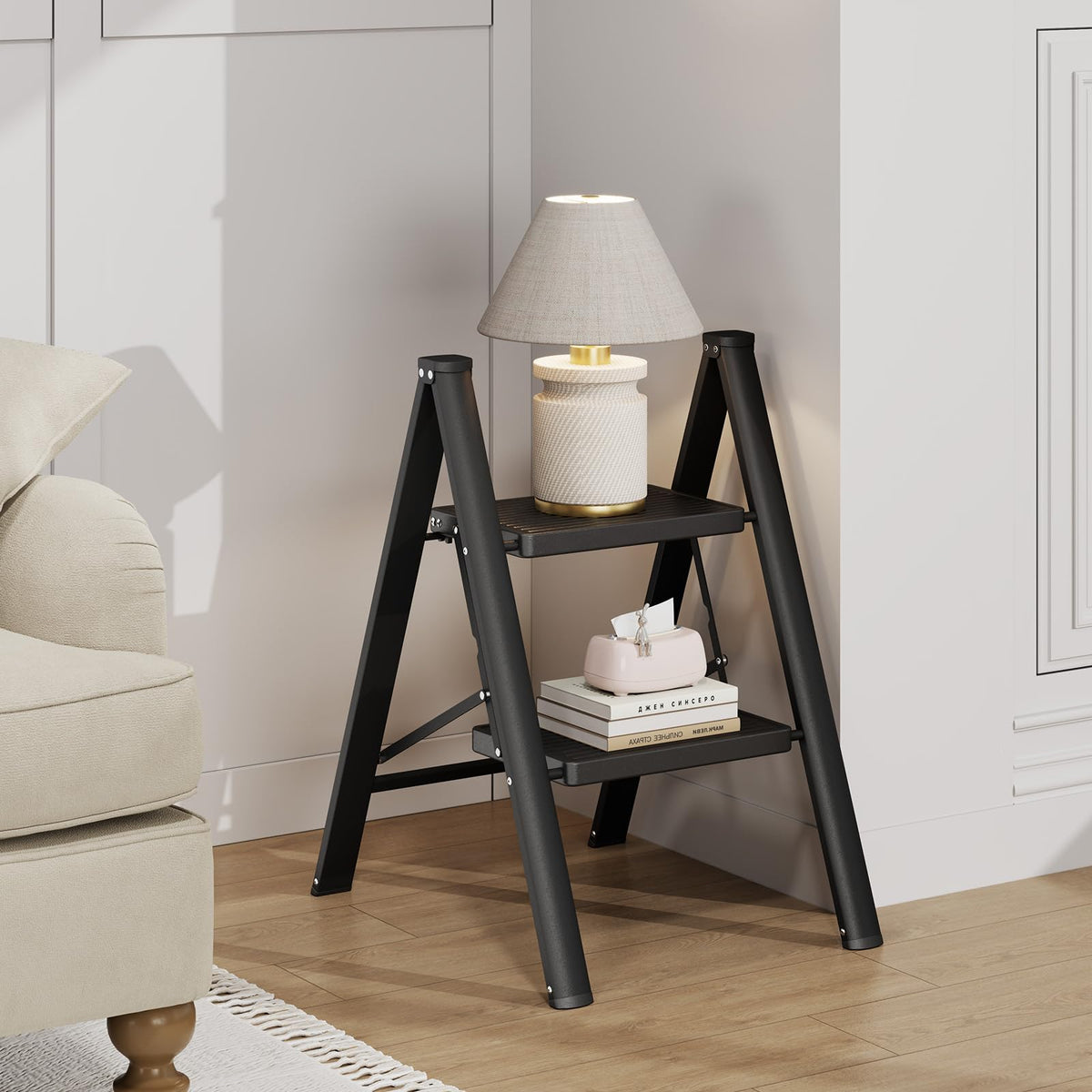 2 Step Folding Ladder with Non-Slip Wide Pedals and Safety Lock, Black T36399