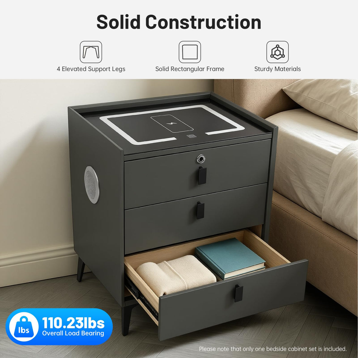 Fingerprint Lock Nightstand with USB & Wireless Charging and 3 Drawers A921787