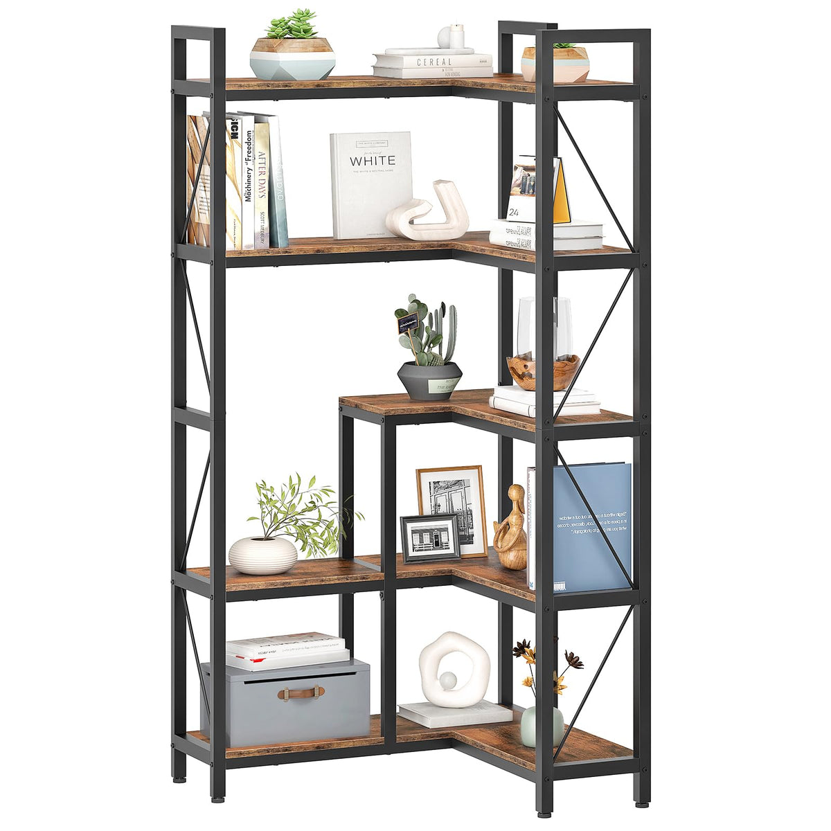 5-Tier L-Shaped Corner Bookshelf with Metal Frame F1566