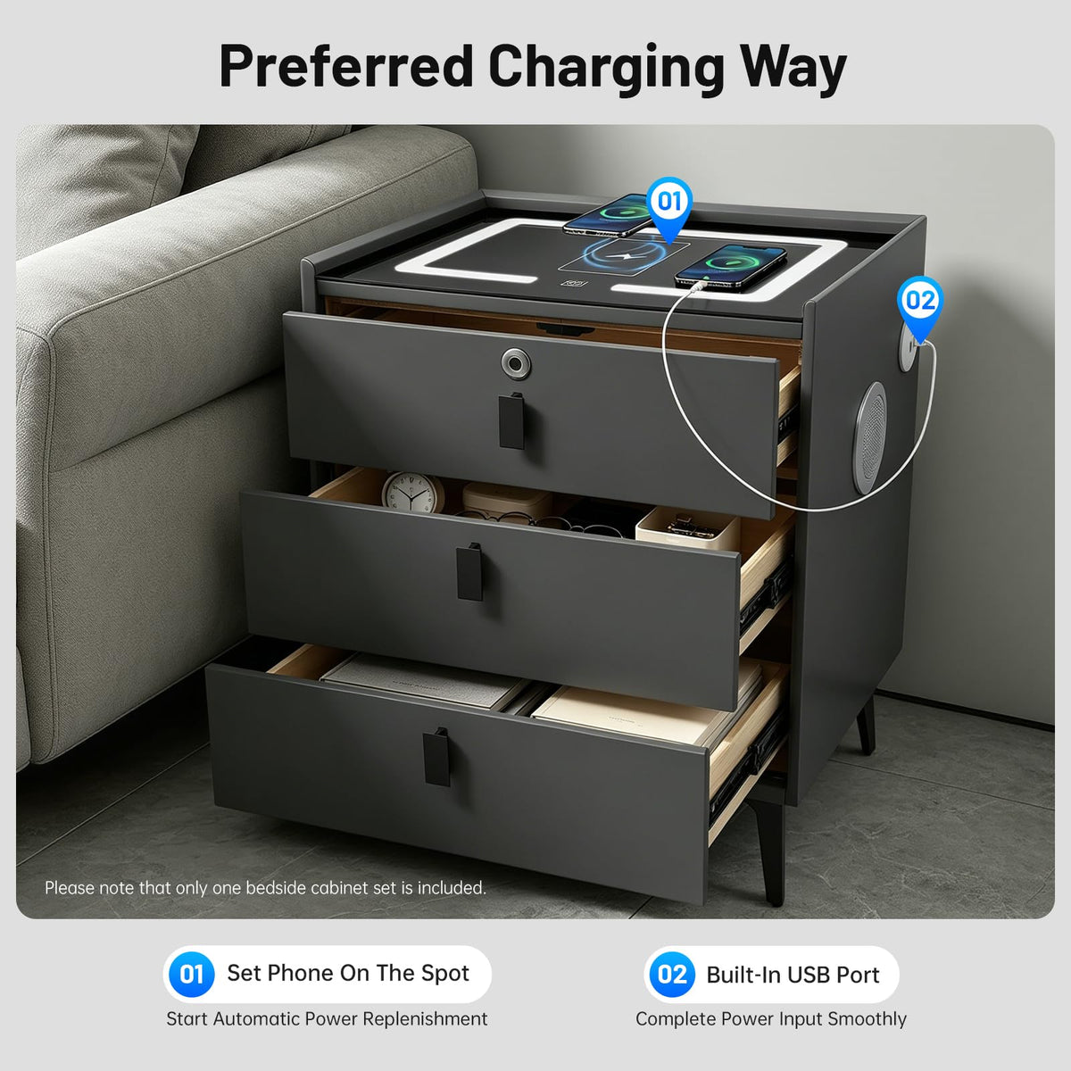 Fingerprint Lock Nightstand with USB & Wireless Charging and 3 Drawers A921787