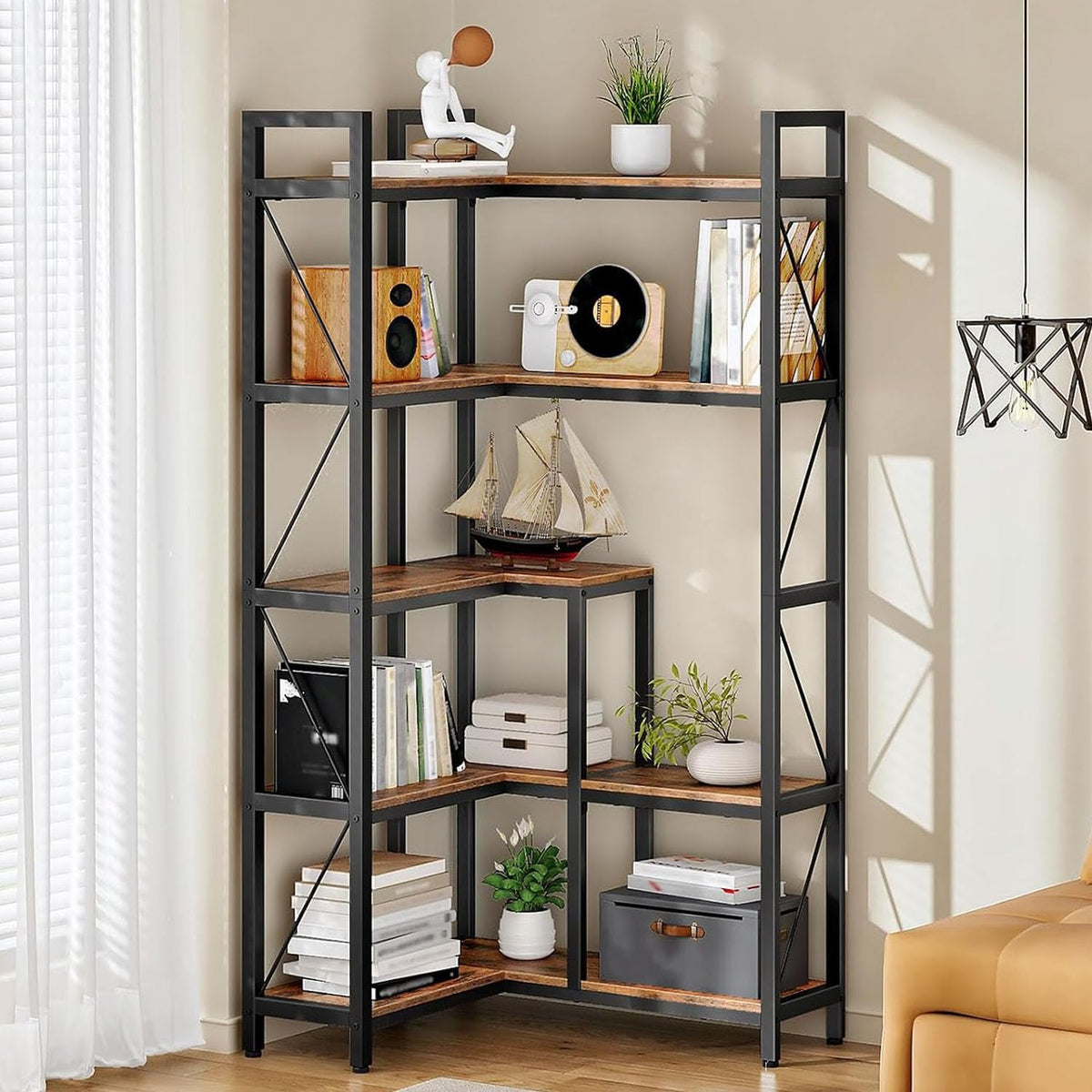 5-Tier L-Shaped Corner Bookshelf with Metal Frame F1566