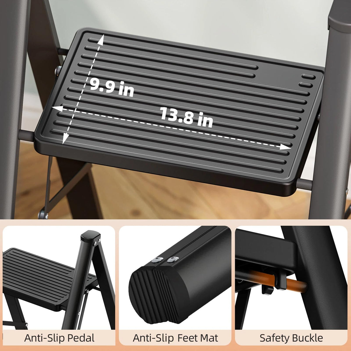 2 Step Folding Ladder with Non-Slip Wide Pedals and Safety Lock, Black T36399