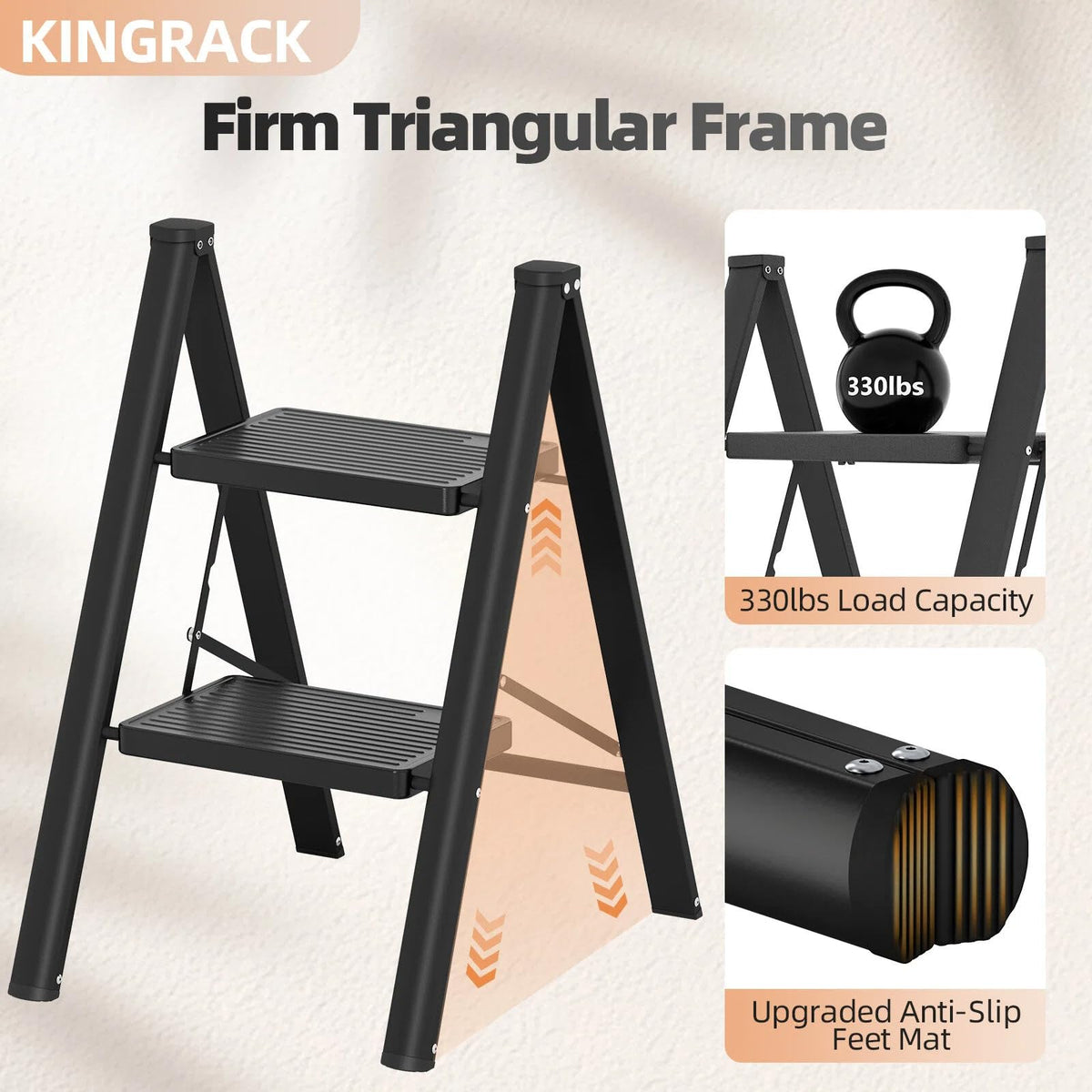 2 Step Folding Ladder with Non-Slip Wide Pedals and Safety Lock, Black T36399