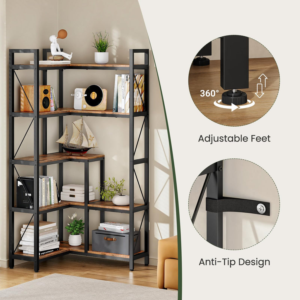 5-Tier L-Shaped Corner Bookshelf with Metal Frame F1566