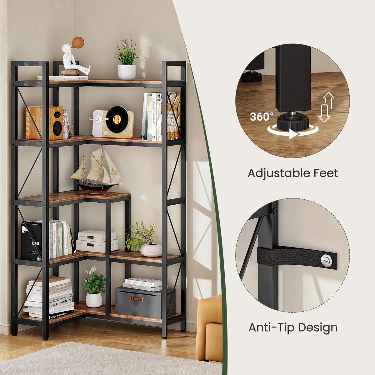 5-Tier L-Shaped Corner Bookshelf with Metal Frame F1566