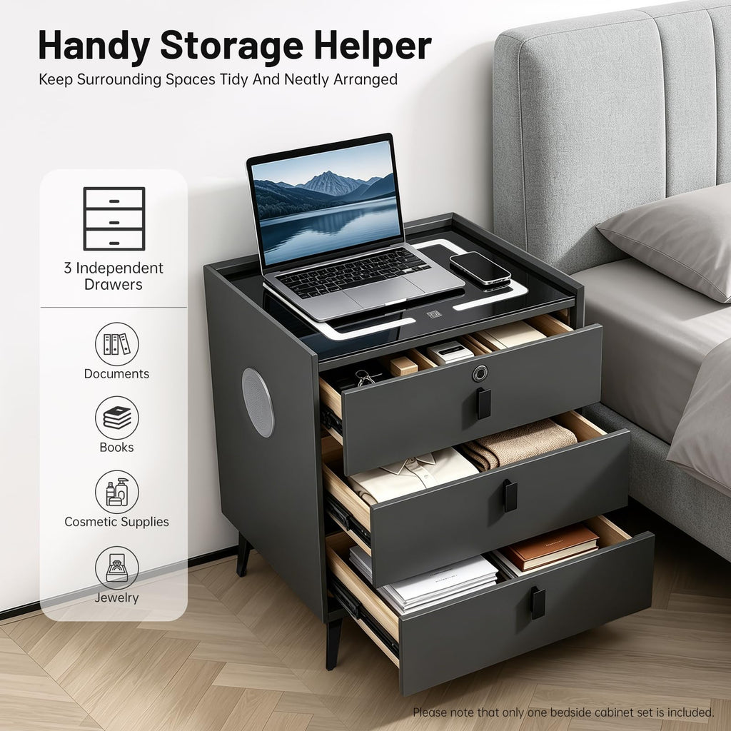 Fingerprint Lock Nightstand with USB & Wireless Charging and 3 Drawers A921787