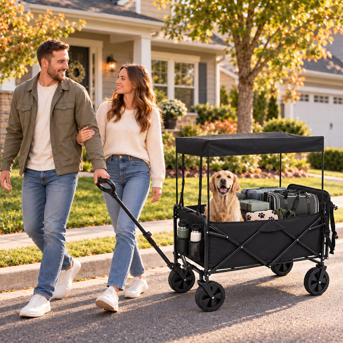 Large Dog Wagon Cart with Canopy, All-Terrain Wheels, Ramp Tailgate O33450
