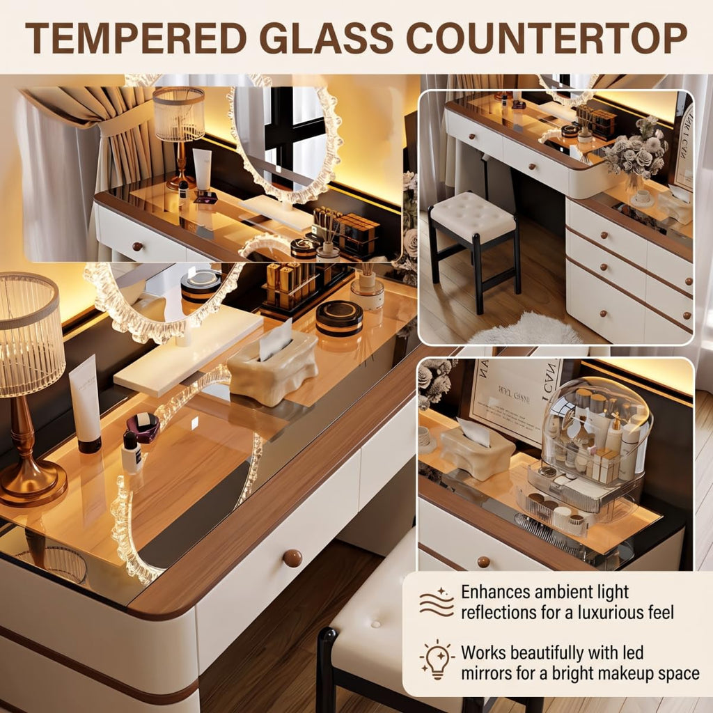 Leather Makeup Vanity with Tempered Glass Top & LED Light J577