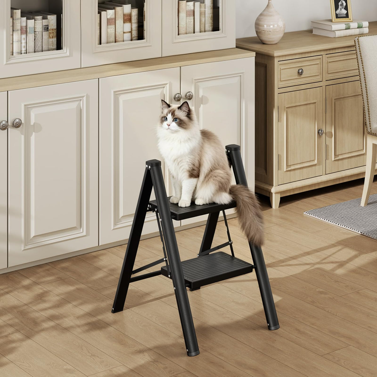 2 Step Folding Ladder with Non-Slip Wide Pedals and Safety Lock, Black T36399