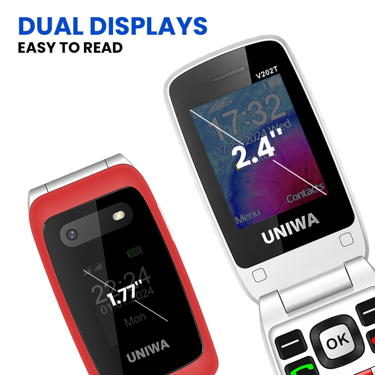 4G Flip Phone Unlocked Dual Screen 2.4"+1.77" Red D733