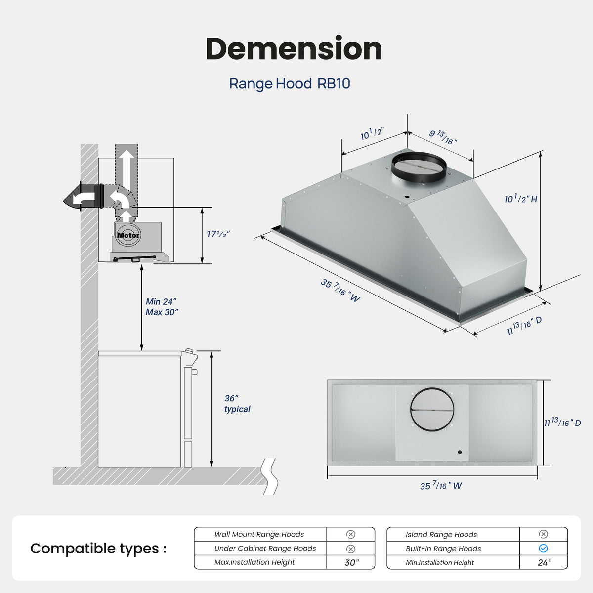 36 Inch 900 CFM Stainless Steel Range Hood Insert P590151