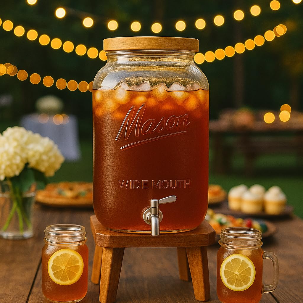 2 Gallon Glass Beverage Dispenser with Wooden Lid A3311