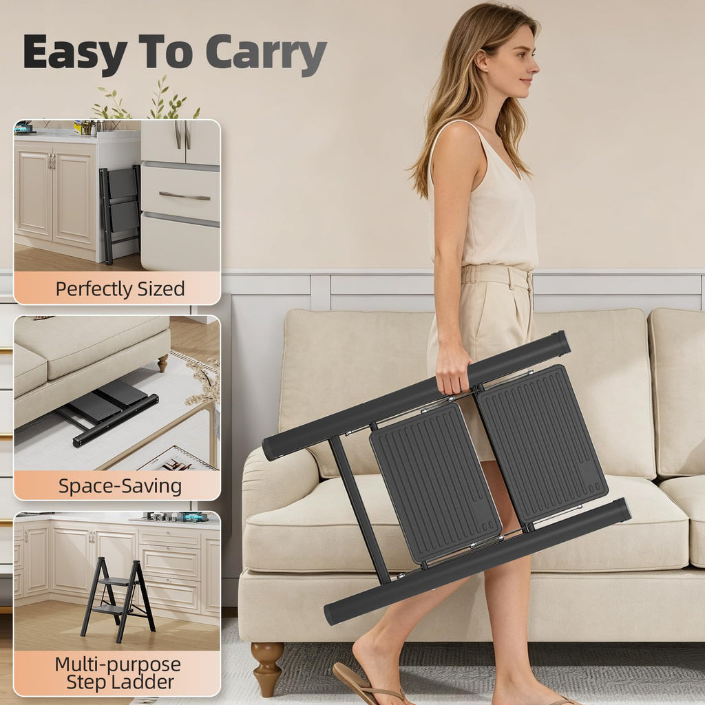 2 Step Folding Ladder with Non-Slip Wide Pedals and Safety Lock, Black T36399