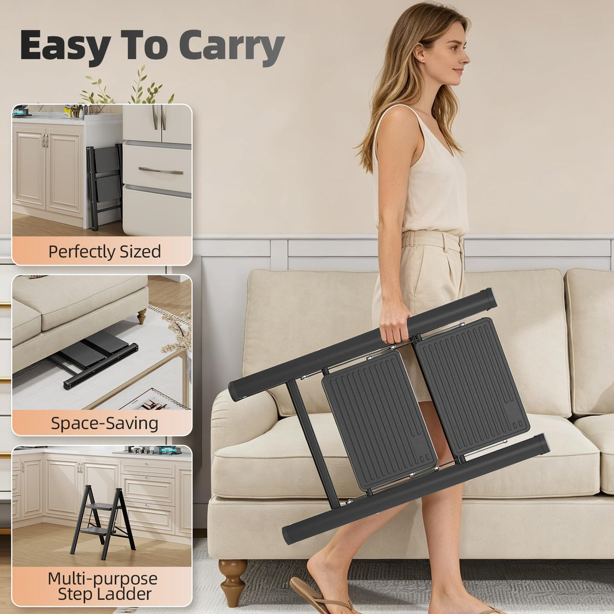 2 Step Folding Ladder with Non-Slip Wide Pedals and Safety Lock, Black T36399