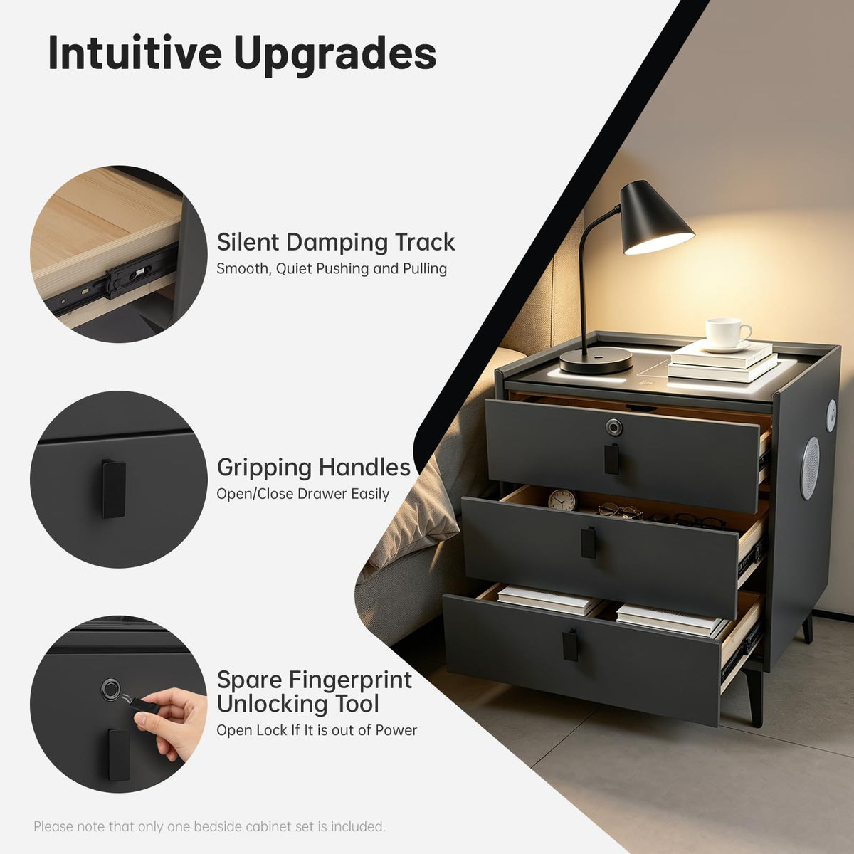 Fingerprint Lock Nightstand with USB & Wireless Charging and 3 Drawers A921787