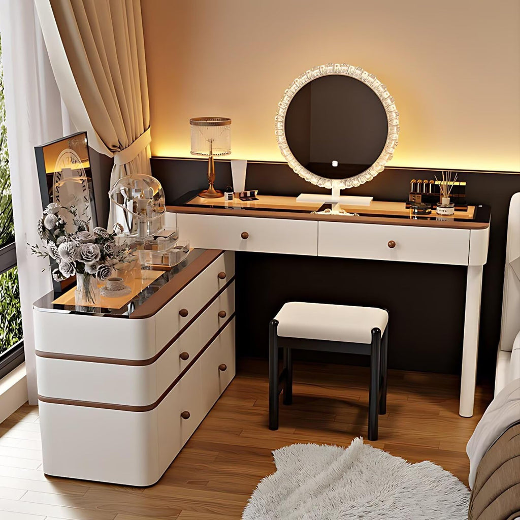 Leather Makeup Vanity with Tempered Glass Top & LED Light J577