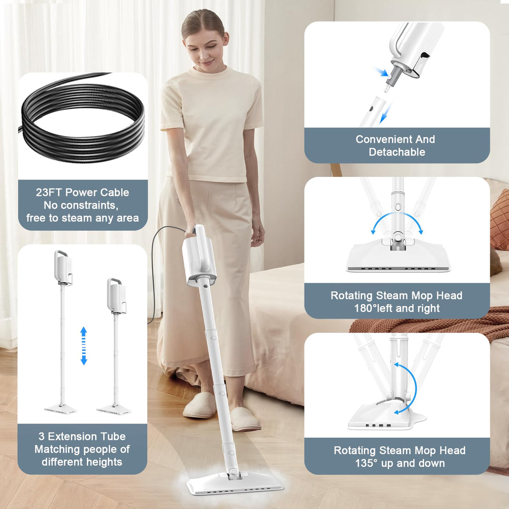 1200W Rotatable Steam Mop with 2 Modes, 400ML Tank, 23FT Cord T711