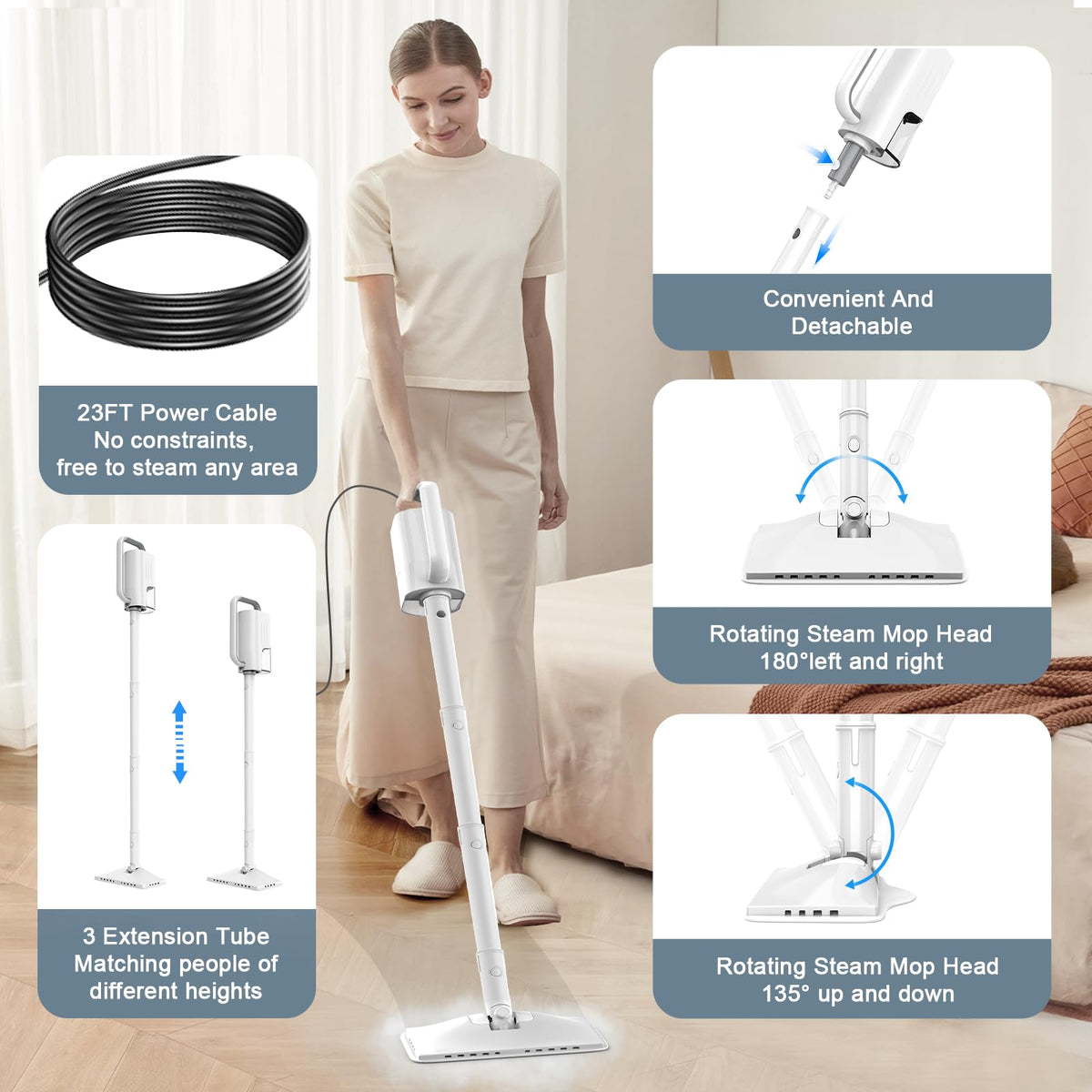1200W Rotatable Steam Mop with 2 Modes, 400ML Tank, 23FT Cord T711