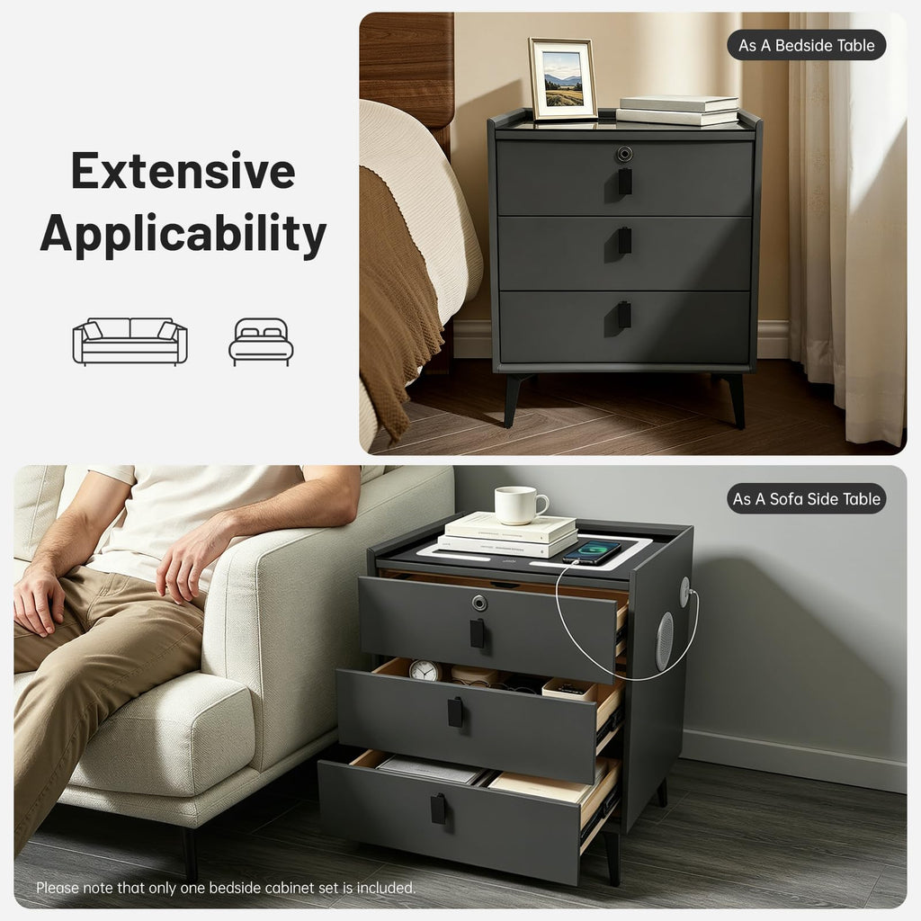 Fingerprint Lock Nightstand with USB & Wireless Charging and 3 Drawers A921787