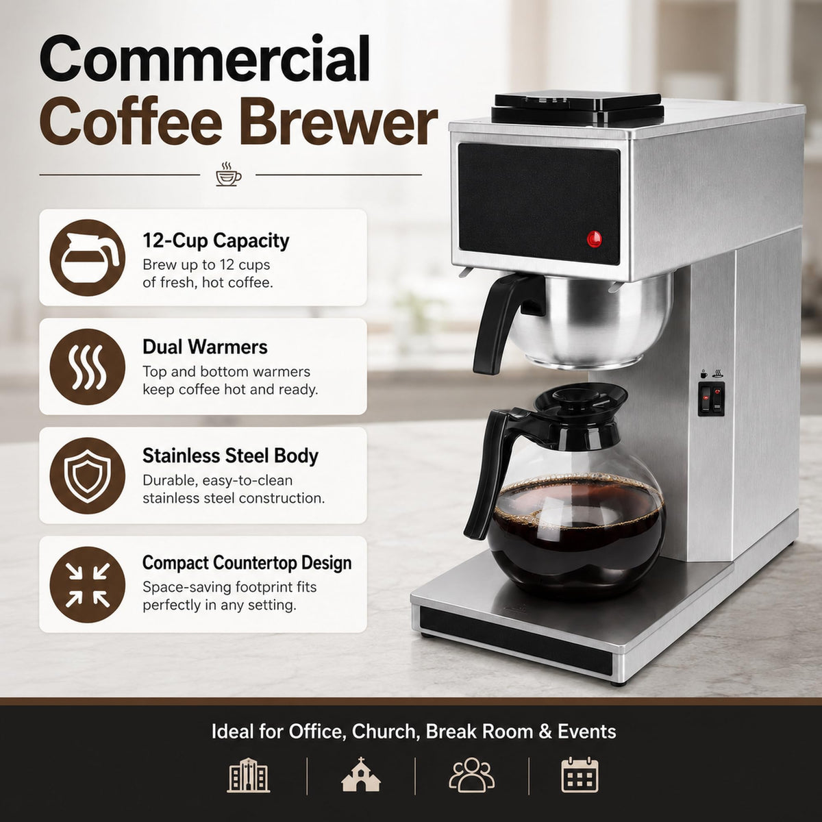 Commercial 12-Cup Stainless Steel Drip Coffee Maker with Dual Warmers Z51978