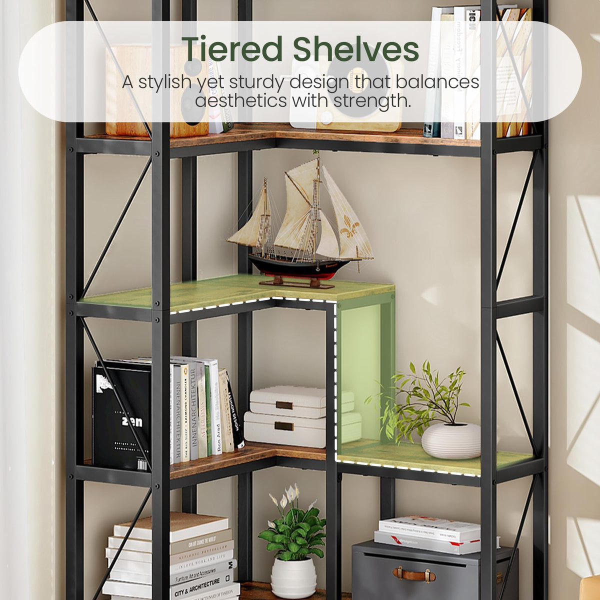 5-Tier L-Shaped Corner Bookshelf with Metal Frame F1566