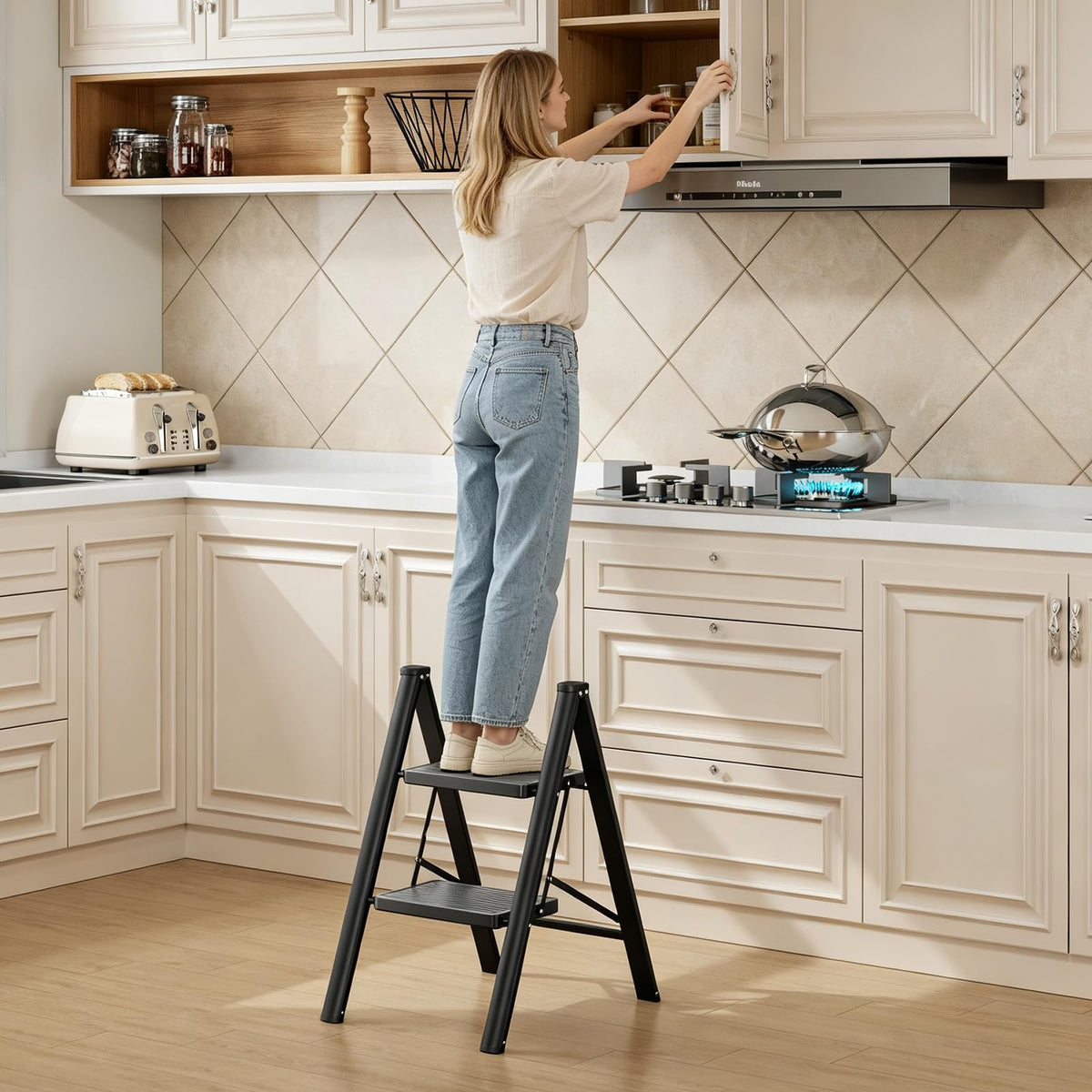 2 Step Folding Ladder with Non-Slip Wide Pedals and Safety Lock, Black T36399