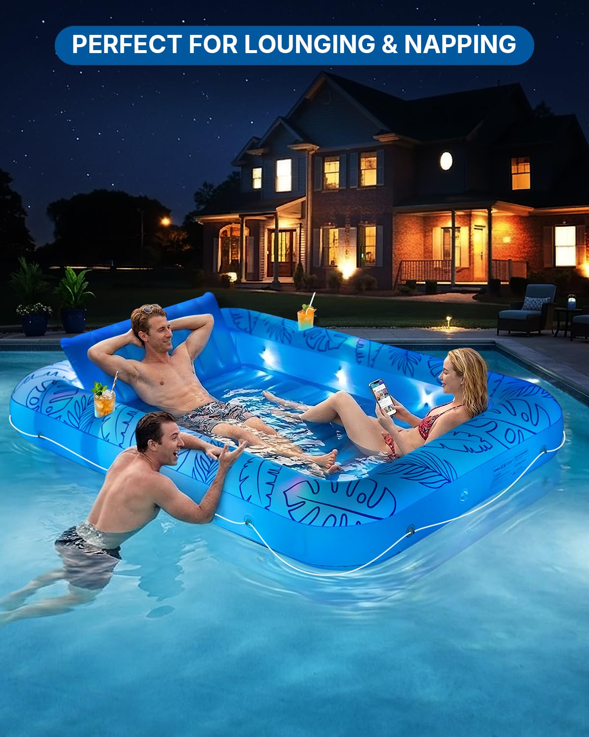 Inflatable Tanning Pool Float with Lights and Pillow D324