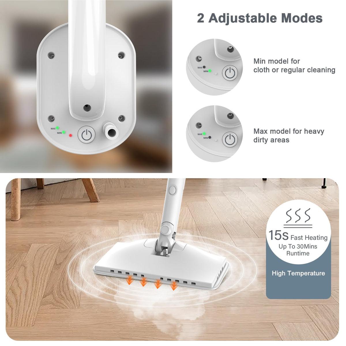 1200W Rotatable Steam Mop with 2 Modes, 400ML Tank, 23FT Cord T711