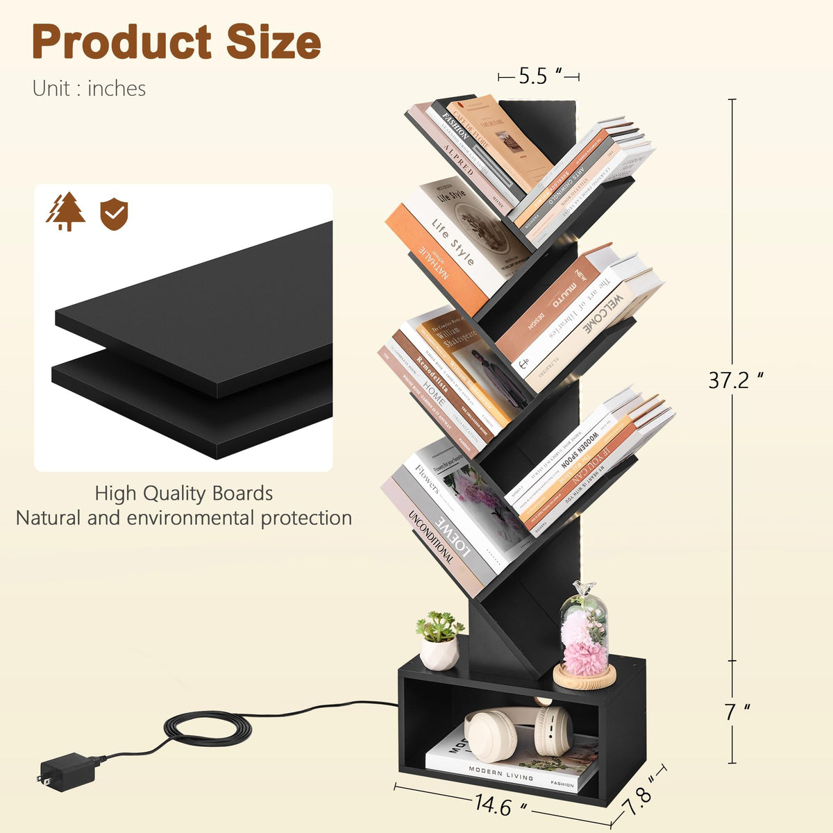 6 Tier Tree Bookshelf with Drawer and LED Lights W245057