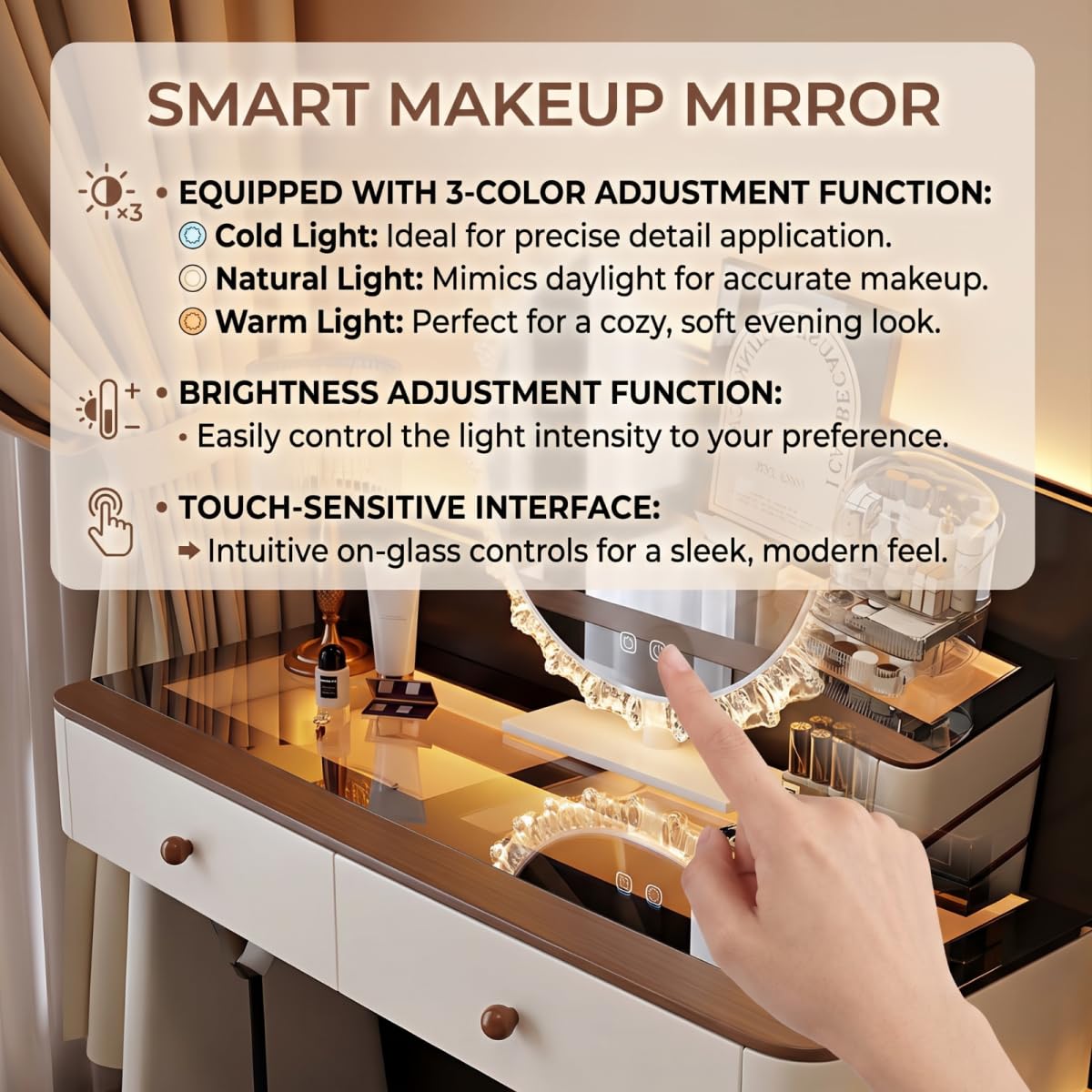 Leather Makeup Vanity with Tempered Glass Top & LED Light J577