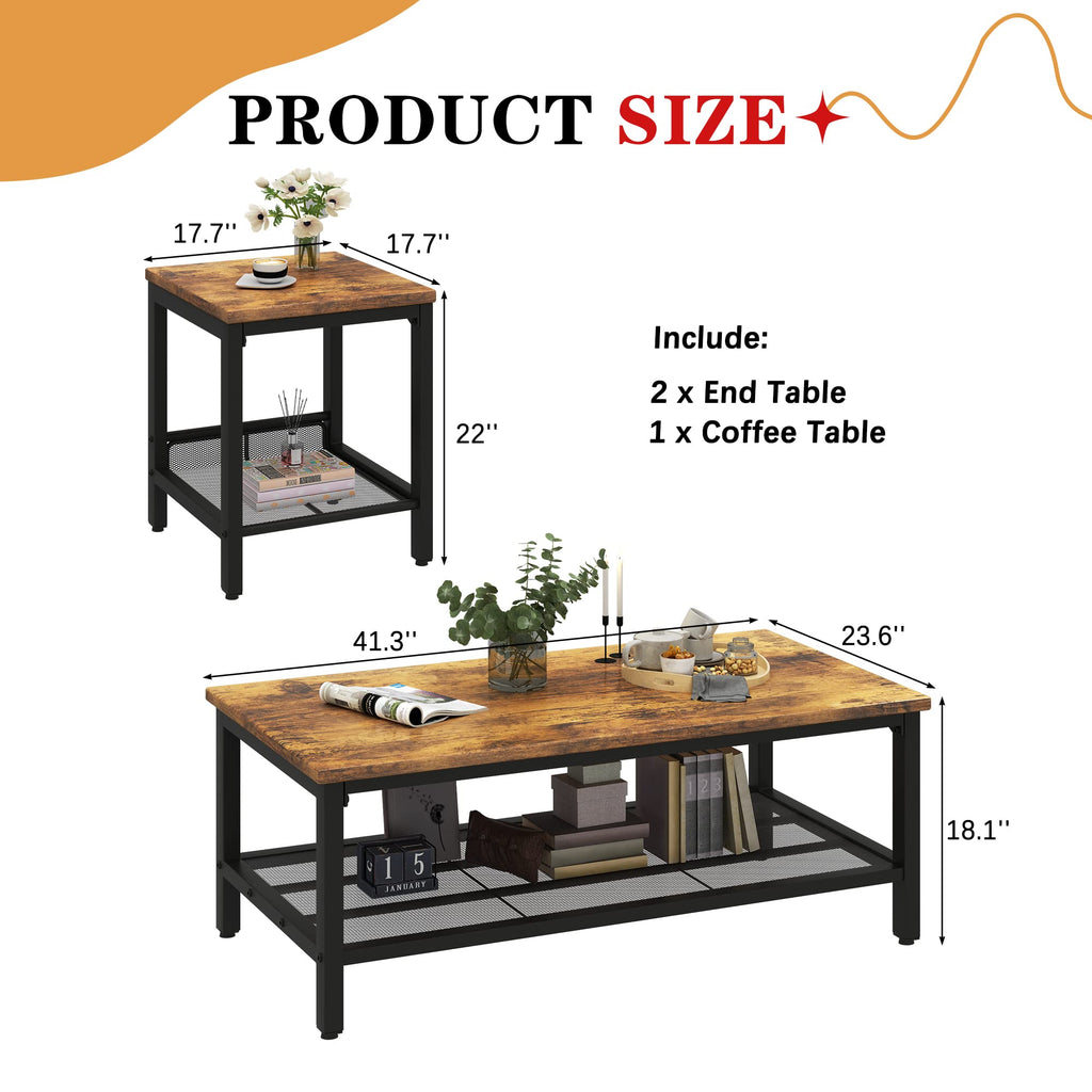 3 Pieces Coffee Table Set with 2 End Side Tables Y7096