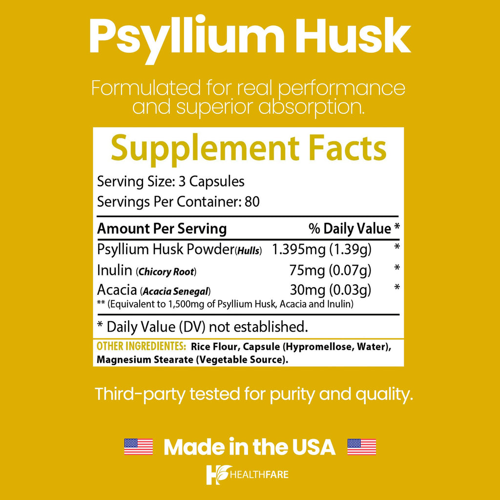 1500mg 240 Vegan Capsules Psyllium Husk Fiber Supplement U976982
