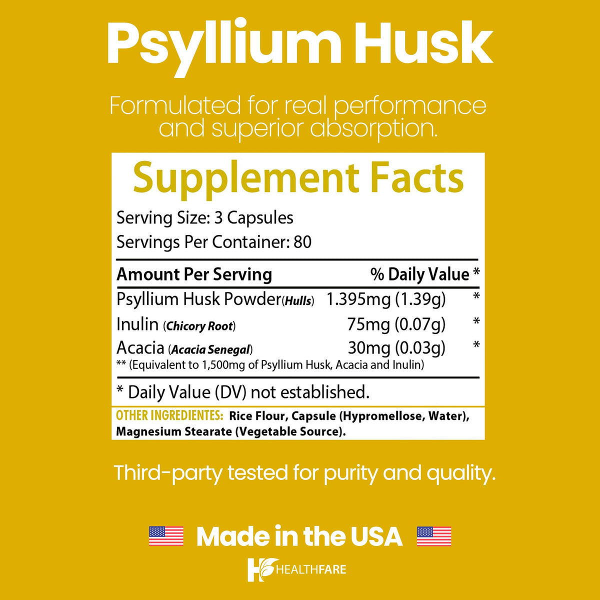 1500mg 240 Vegan Capsules Psyllium Husk Fiber Supplement U976982