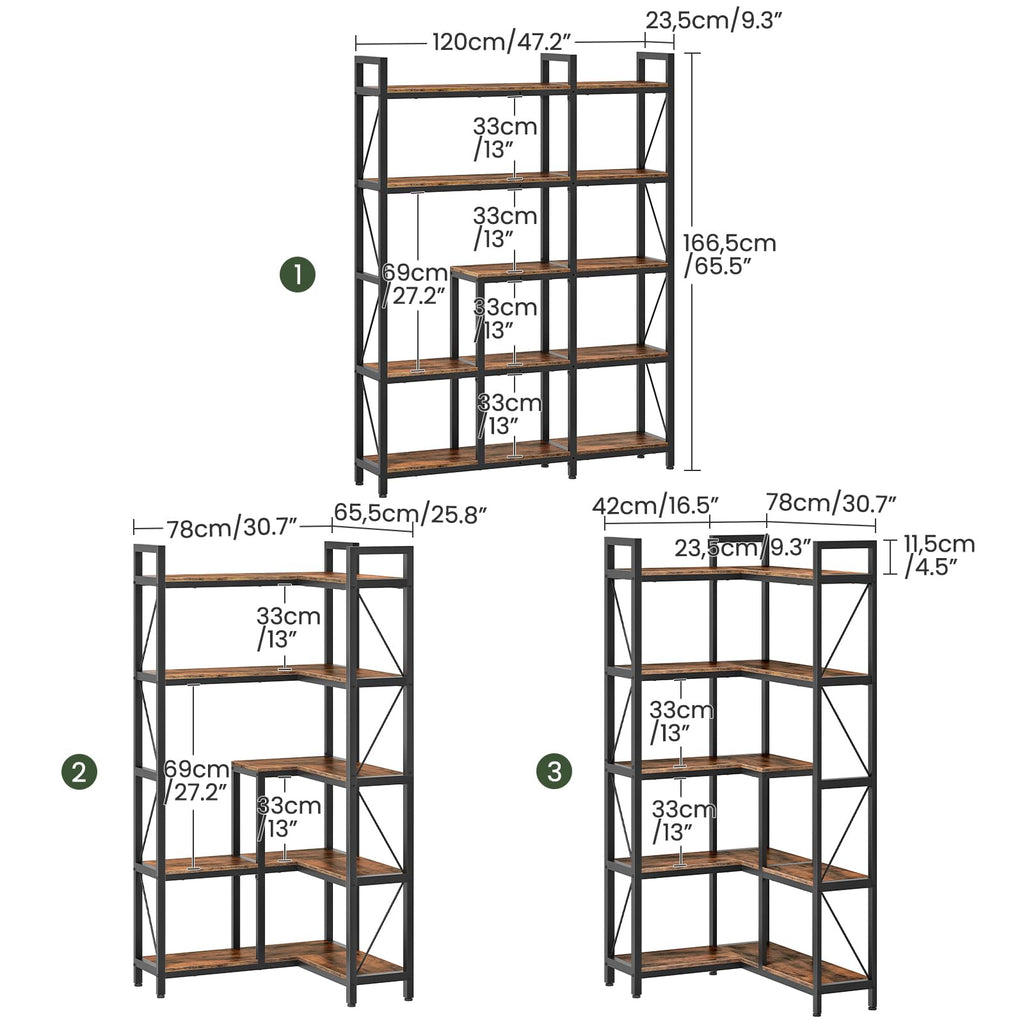 5-Tier L-Shaped Corner Bookshelf with Metal Frame F1566