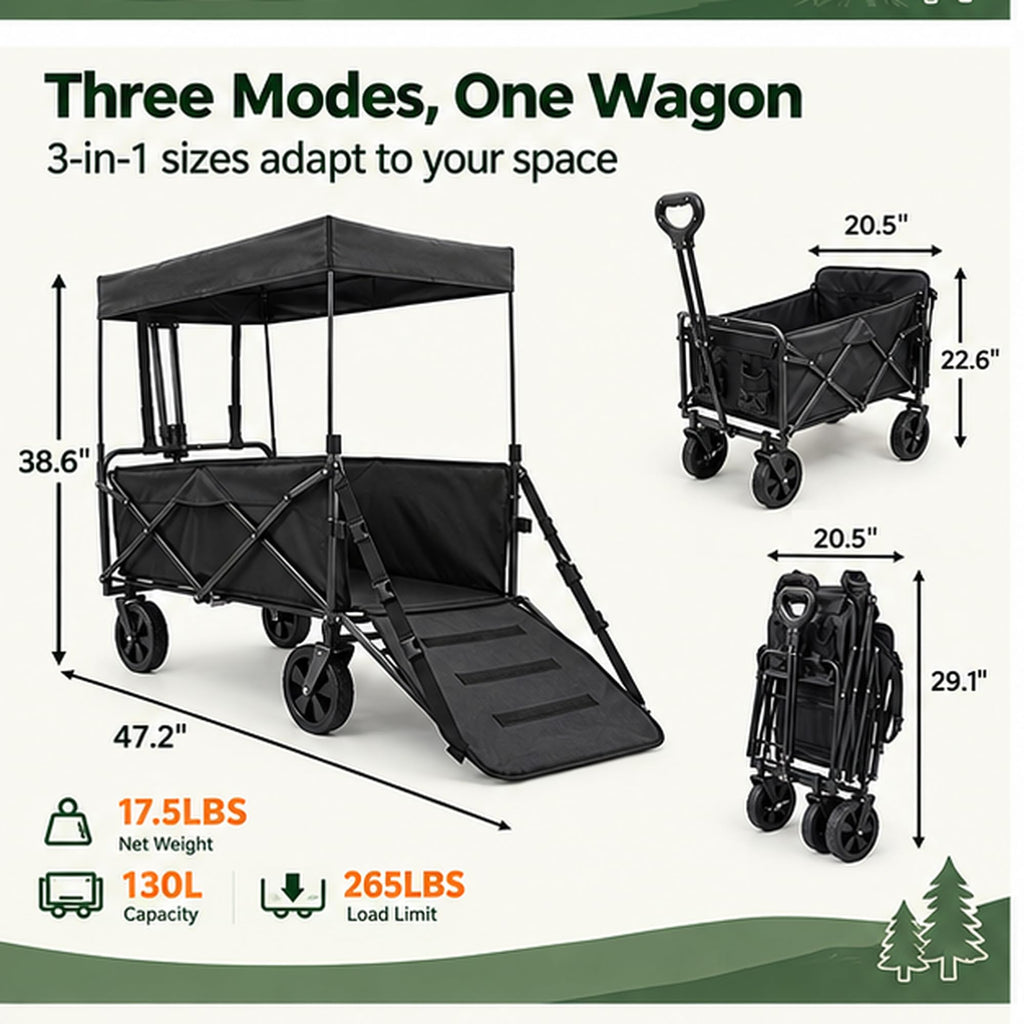 Large Dog Wagon Cart with Canopy, All-Terrain Wheels, Ramp Tailgate O33450