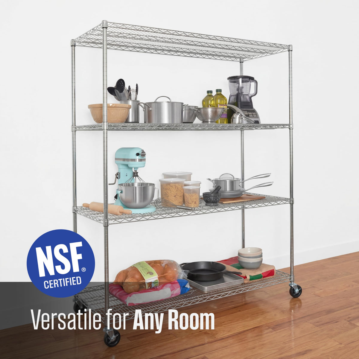 4-Tier Heavy Duty Steel Wire Rack with Wheels O4511