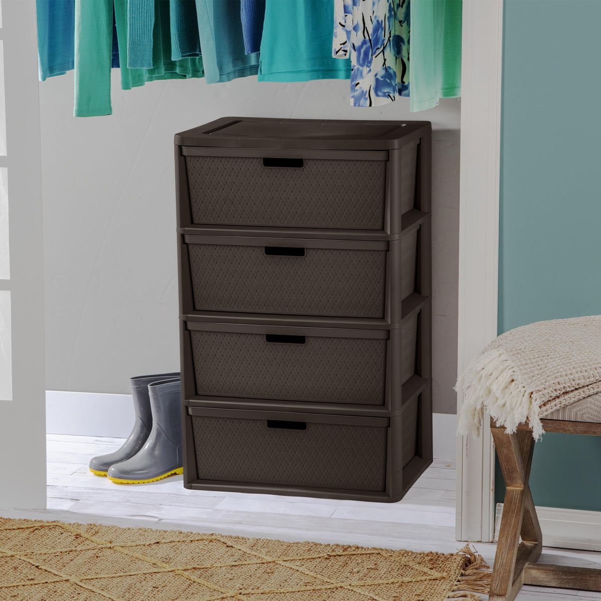 Brown 4 Drawer Plastic Storage Tower with Removable Bins P652267