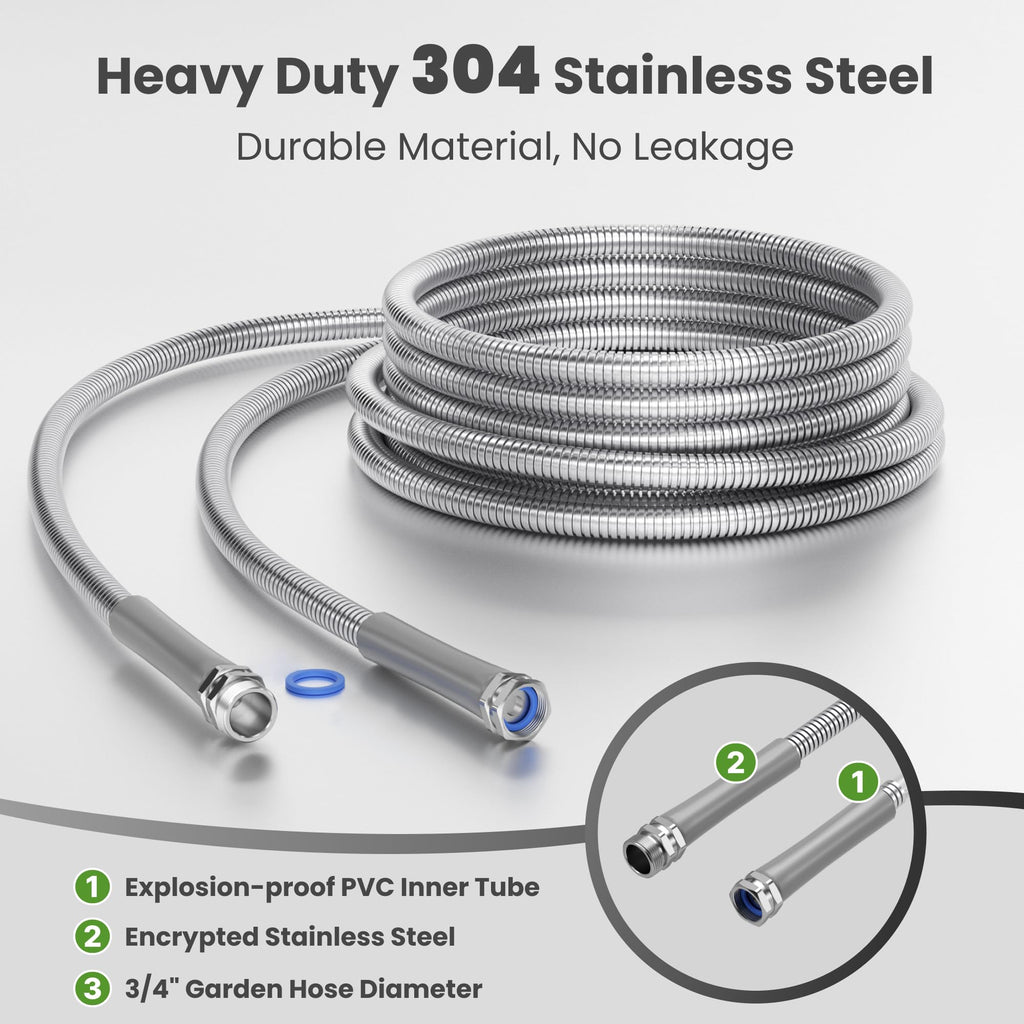 100ft Stainless Steel Garden Hose with Spray Nozzle E28465