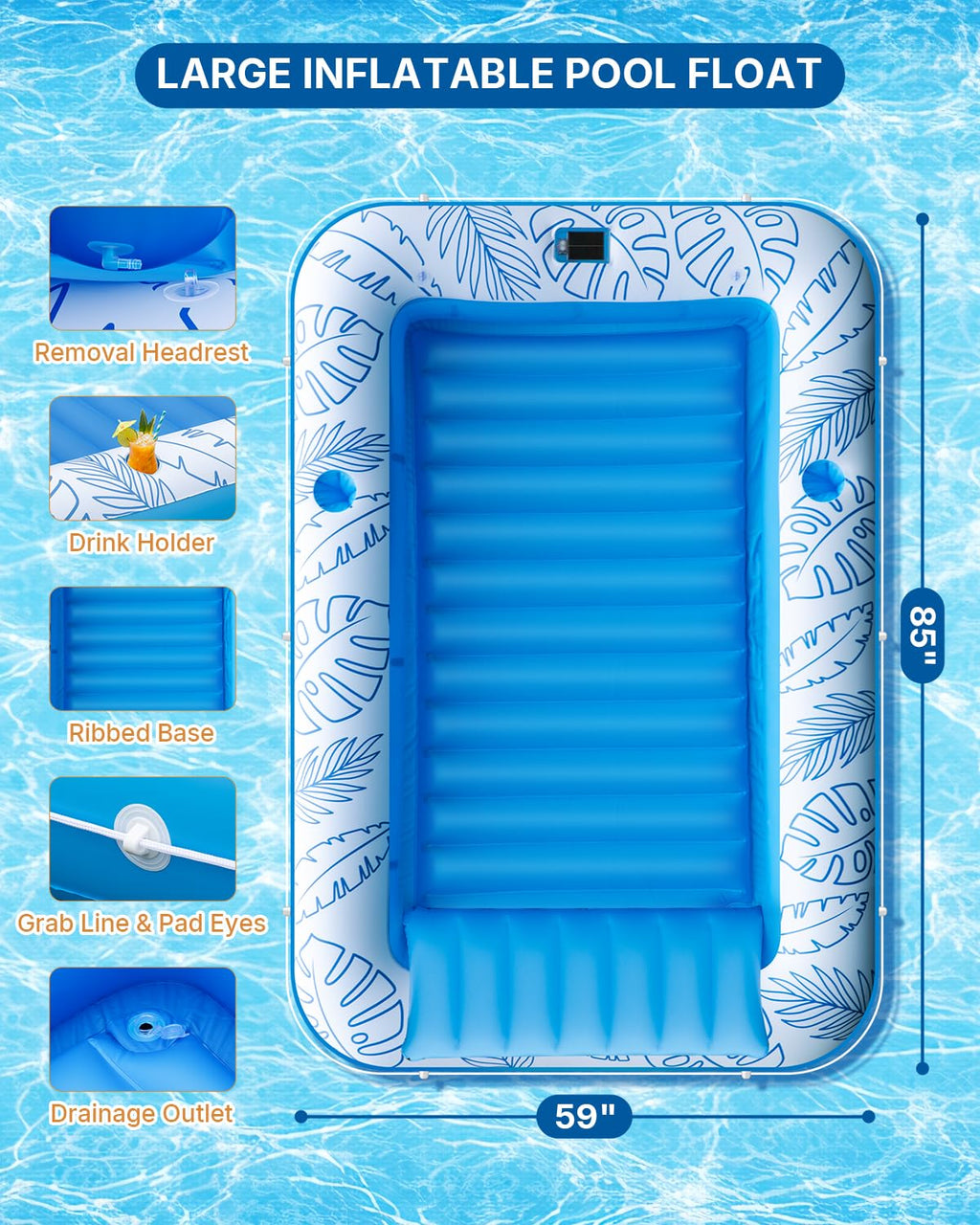 Inflatable Tanning Pool Float with Lights and Pillow D324