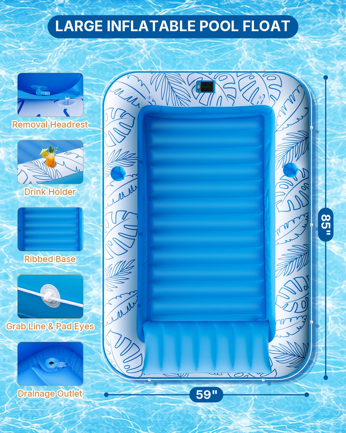 Inflatable Tanning Pool Float with Lights and Pillow D324
