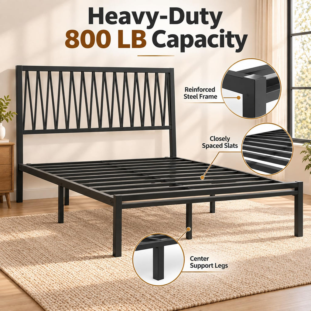Black Metal Queen Bed Frame with Geometric Headboard Q760