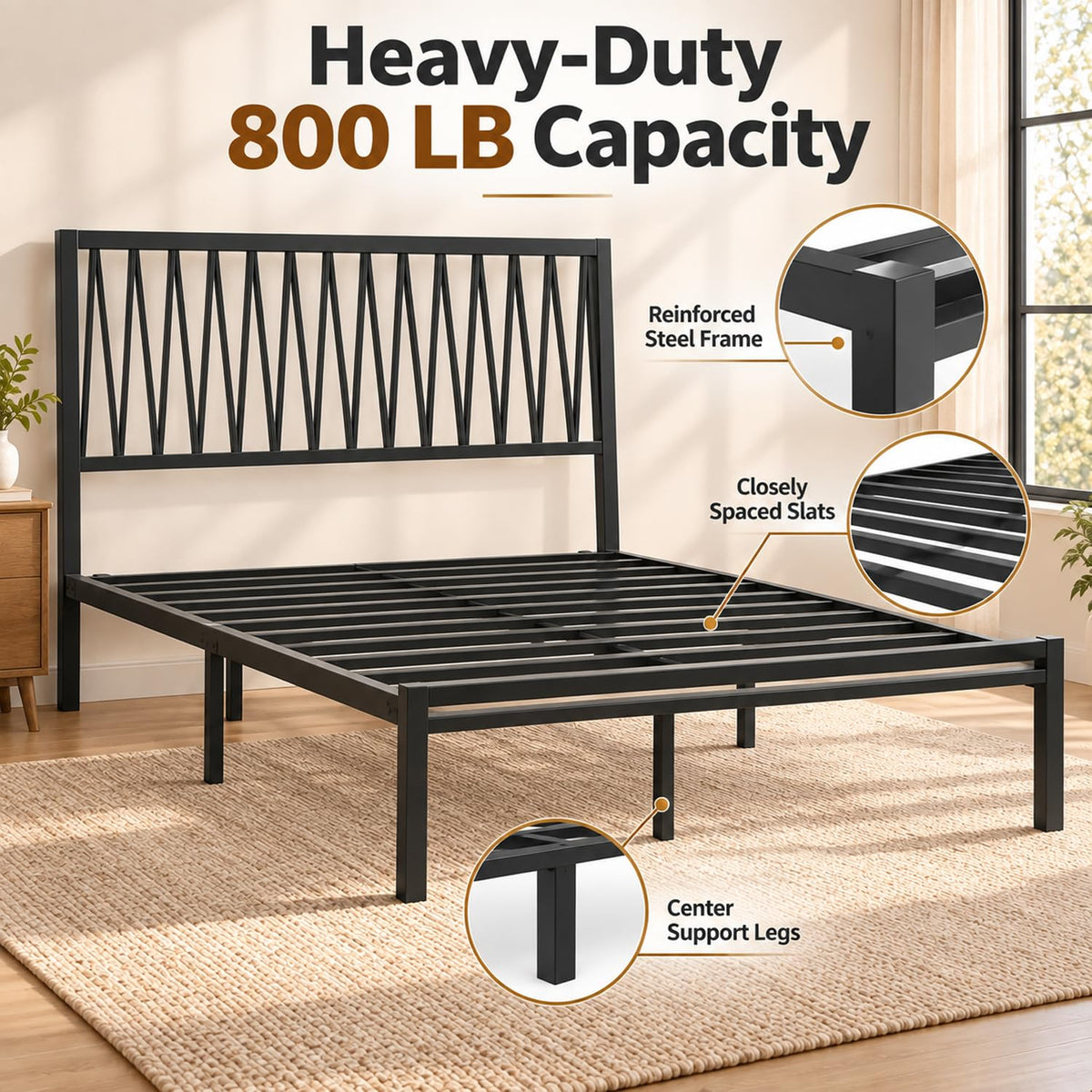 Black Metal Queen Bed Frame with Geometric Headboard Q760