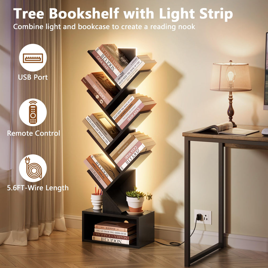 6 Tier Tree Bookshelf with Drawer and LED Lights W245057