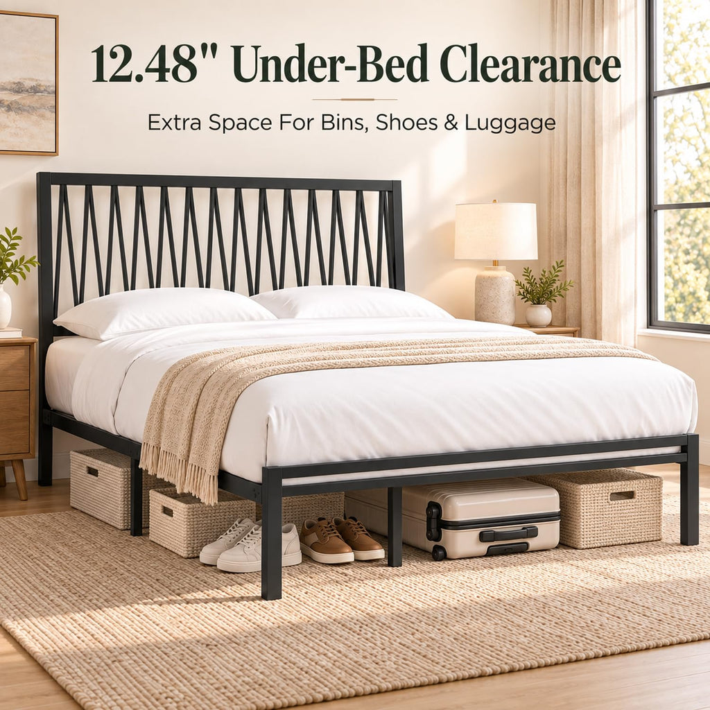 Black Metal Queen Bed Frame with Geometric Headboard Q760