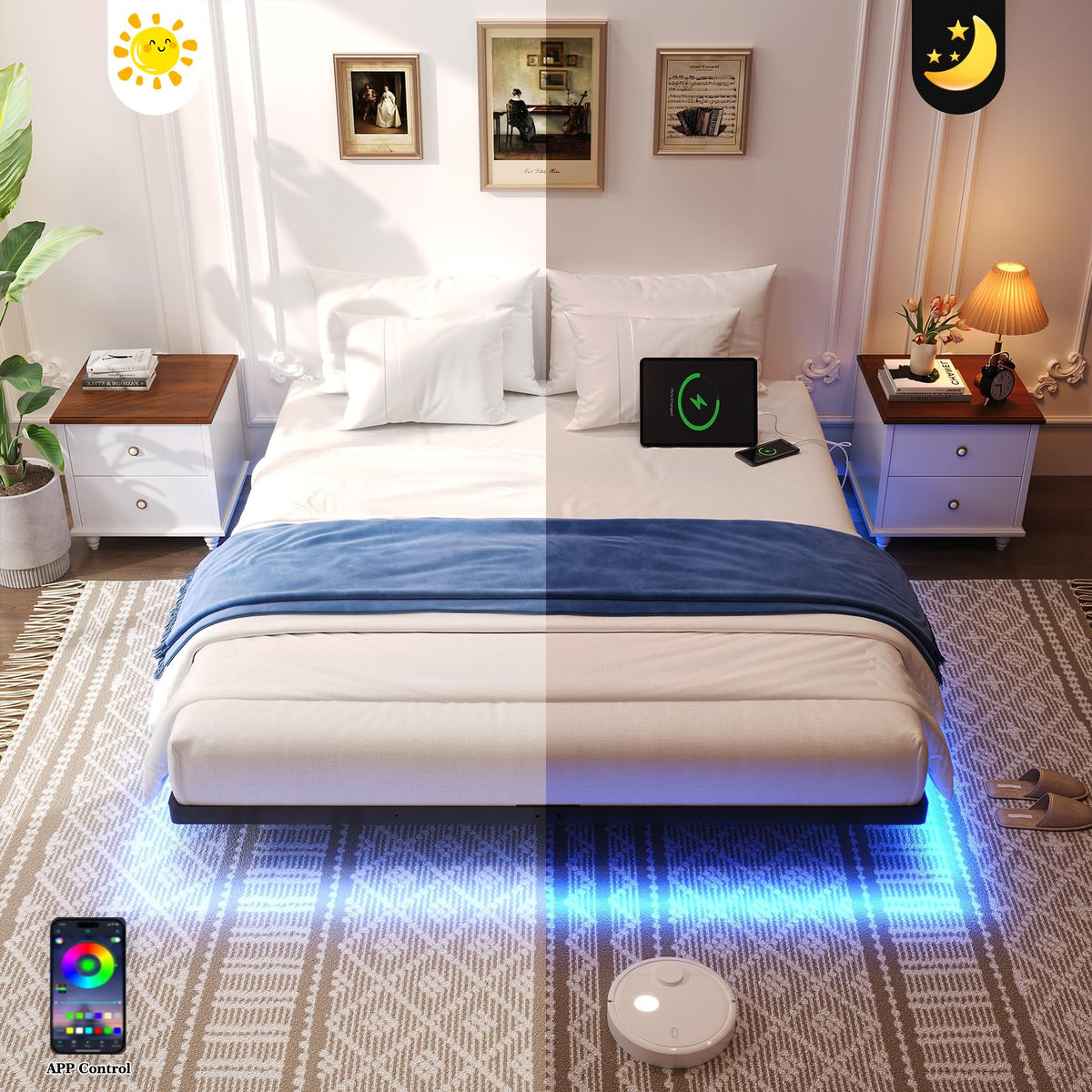 Full Size Metal Floating Bed Frame with LED Lights X495541