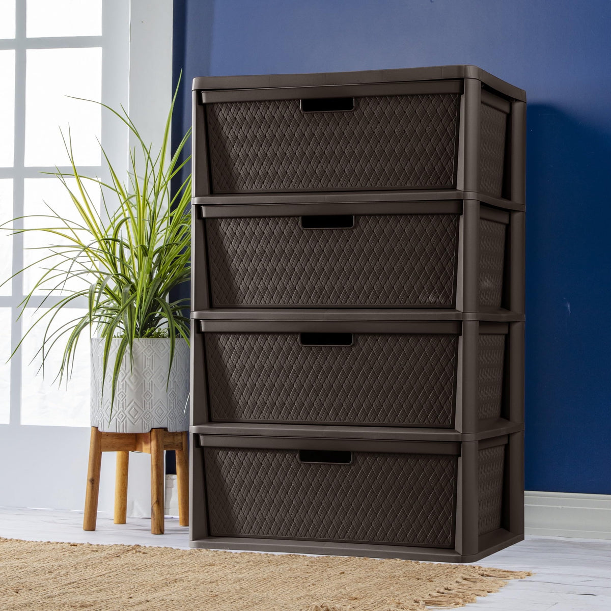 Brown 4 Drawer Plastic Storage Tower with Removable Bins P652267