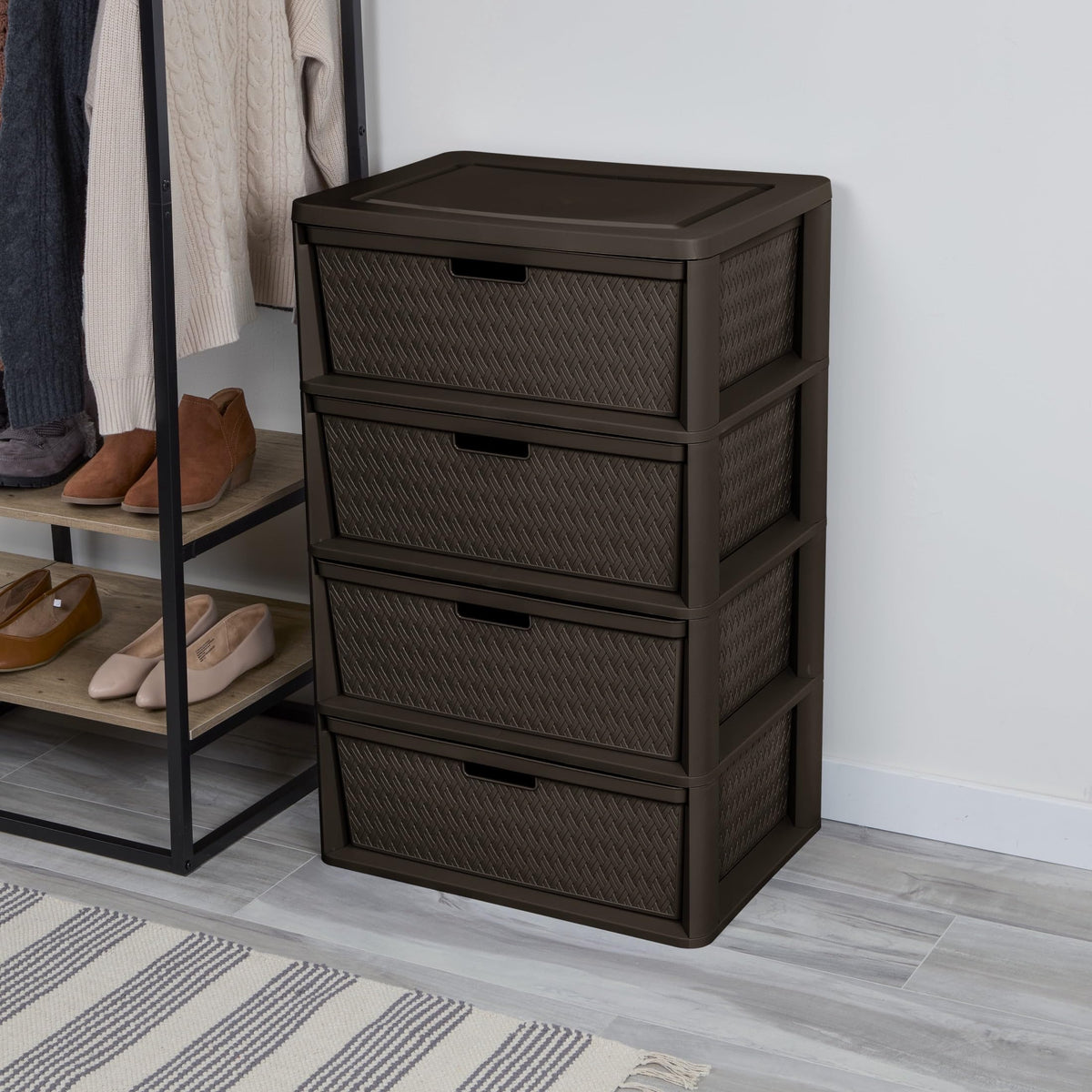 Brown 4 Drawer Plastic Storage Tower with Removable Bins P652267